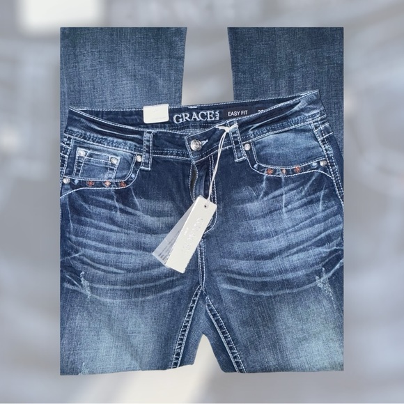 Grace in LA NWT Women's Deep Indigo Boot Cut Jeans With Aztec Pattern - Picture 3 of 9